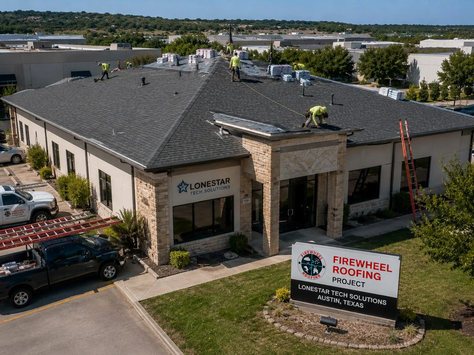 Commercial roofing project aerial view