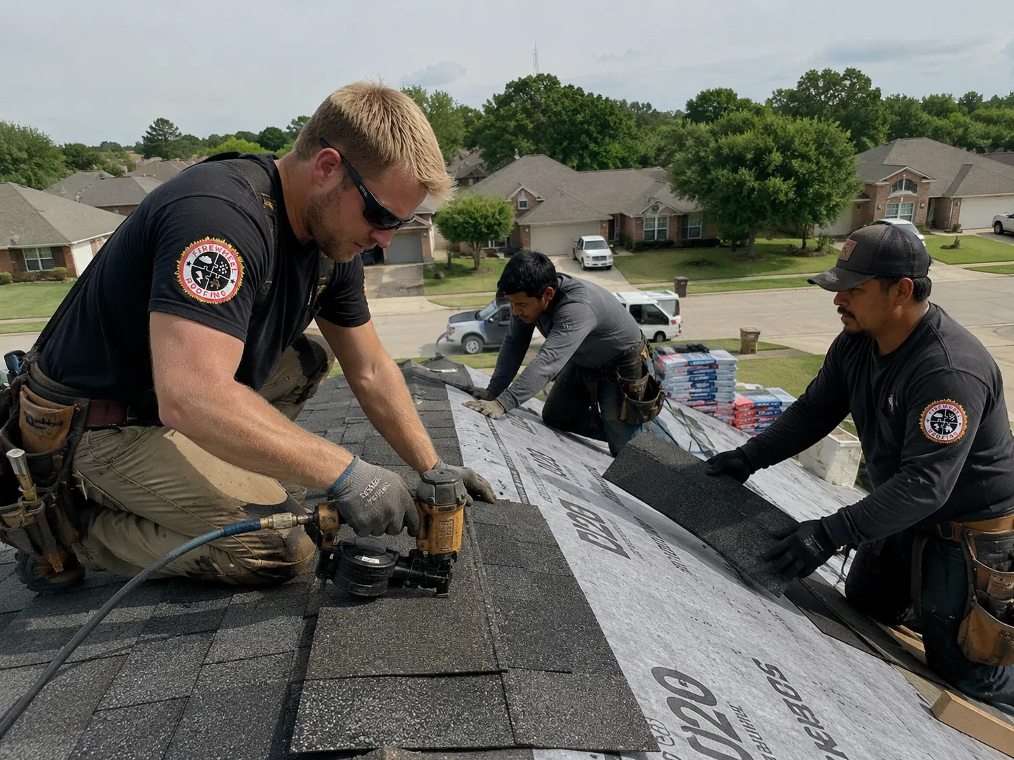 Firewheel crew installing shingles