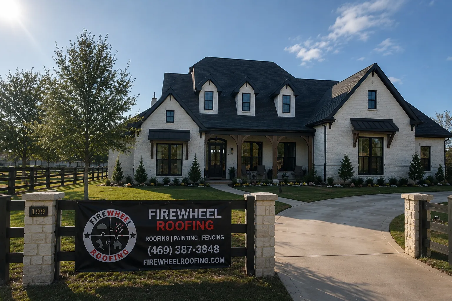 Beautiful DFW home with a Firewheel Roofing banner — real Firewheel project