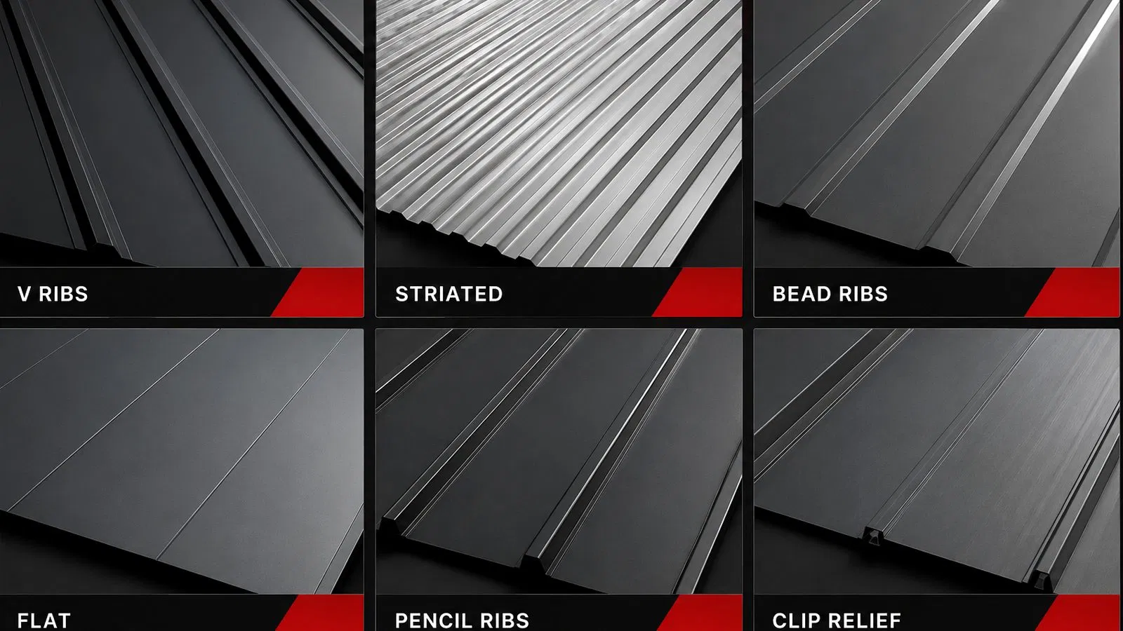 Metal roofing panel profile options — V ribs, striated, bead ribs, flat, pencil ribs, clip relief