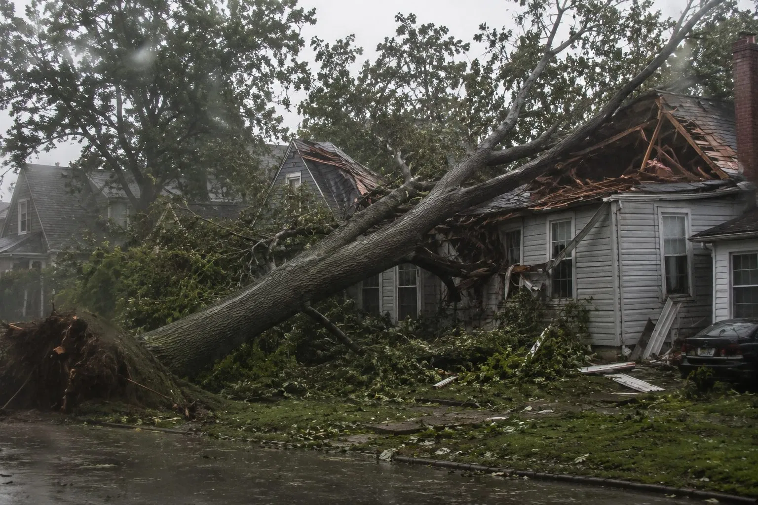 Fallen tree on a storm damaged house