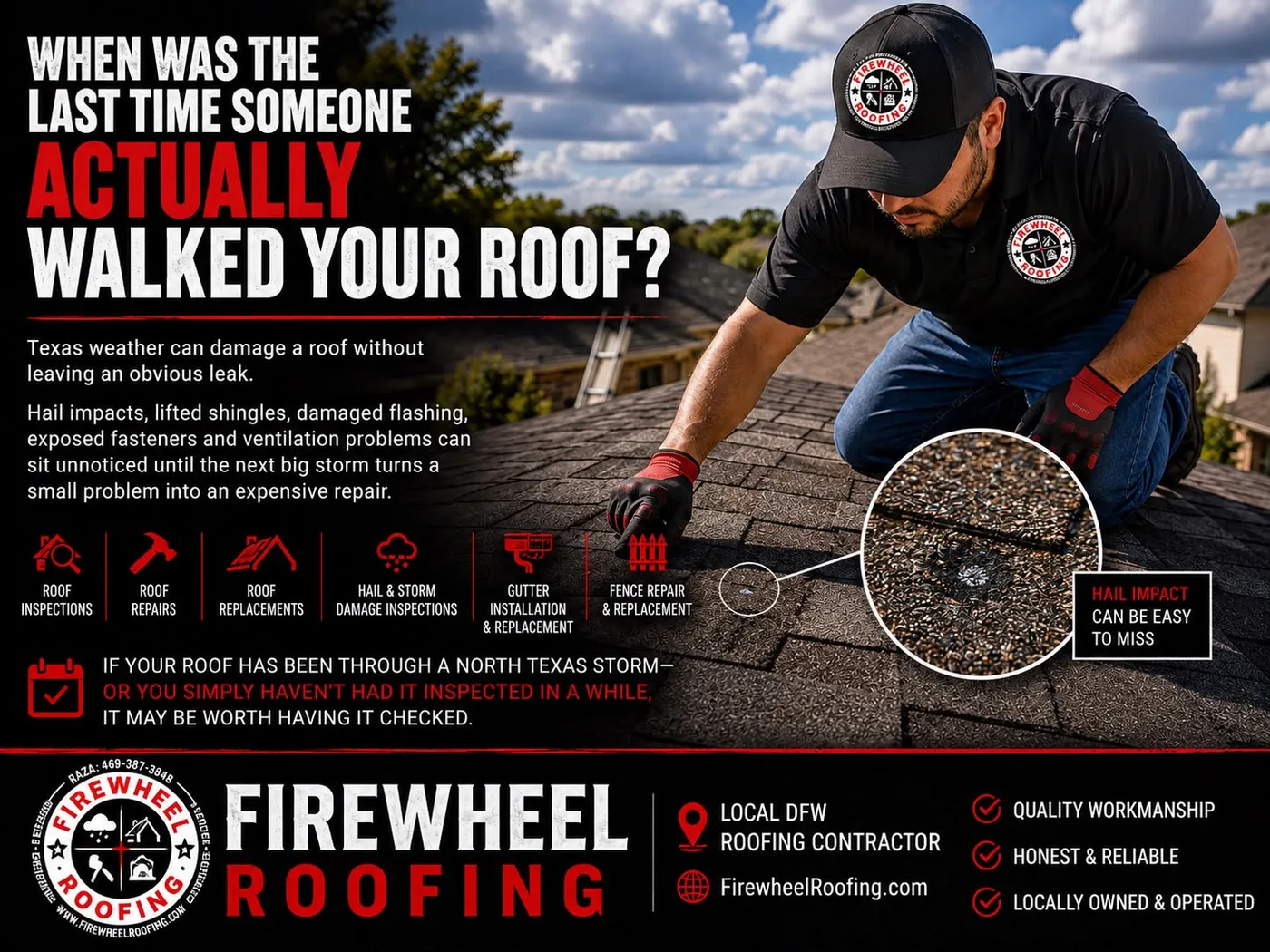 Firewheel Roofing — free roof inspection. Free inspections across DFW, call (469) 387-3848.