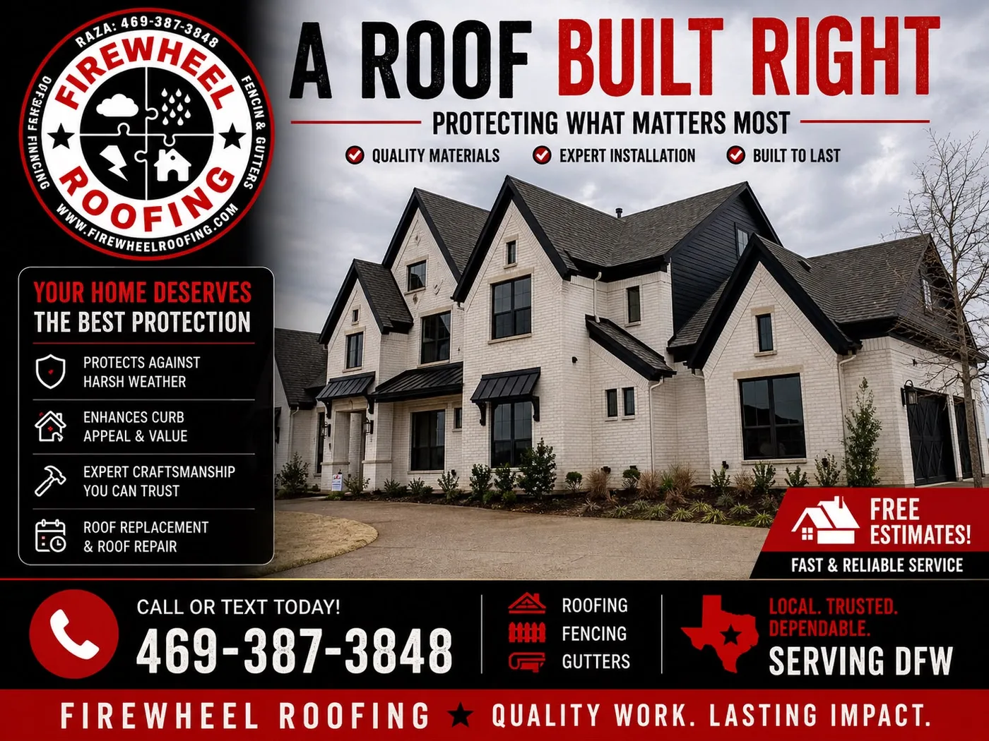 Firewheel Roofing — roofing, gutters and fencing. Free inspections across DFW, call (469) 387-3848.