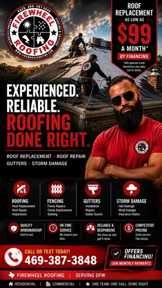 Firewheel Roofing — roof replacement financing. Free inspections across DFW, call (469) 387-3848.