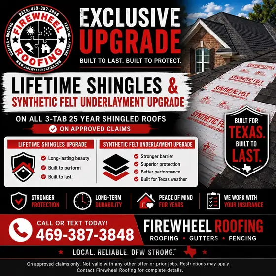 Firewheel Roofing poster: Lifetime shingles and synthetic underlayment upgrade