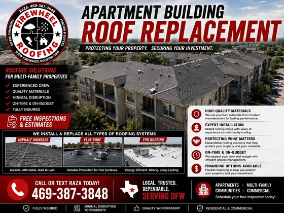 Firewheel Roofing poster: Apartment building and commercial roof replacement