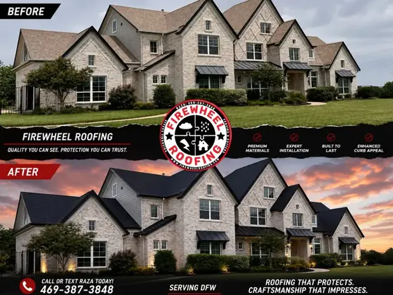 Firewheel Roofing poster: Before and after roof replacement