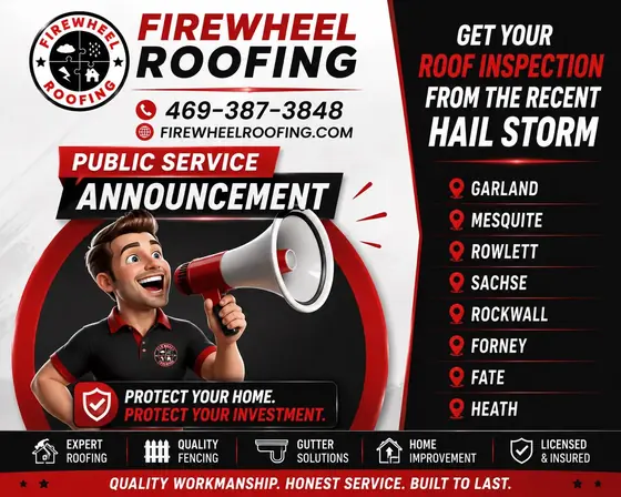 Firewheel Roofing poster: Free roof inspection after the hail storm