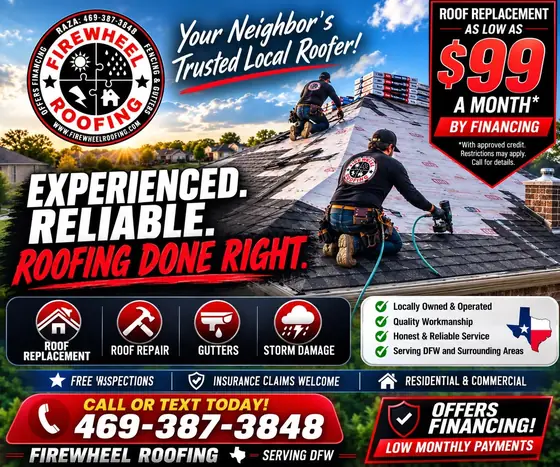 Firewheel Roofing — Richardson TX roofing. Free inspections across DFW, call (469) 387-3848.