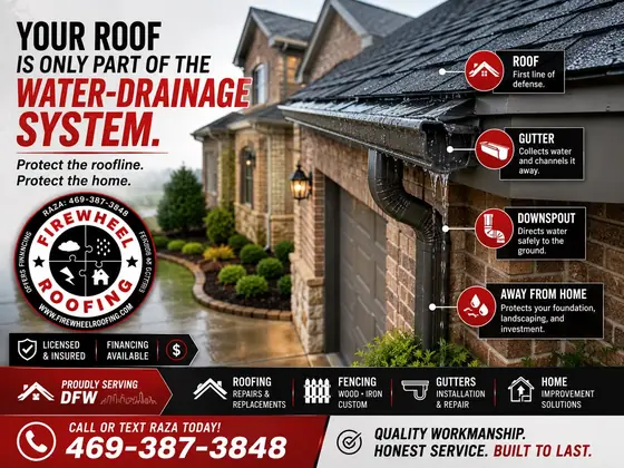 Firewheel Roofing poster: Your roof is part of the water-drainage system